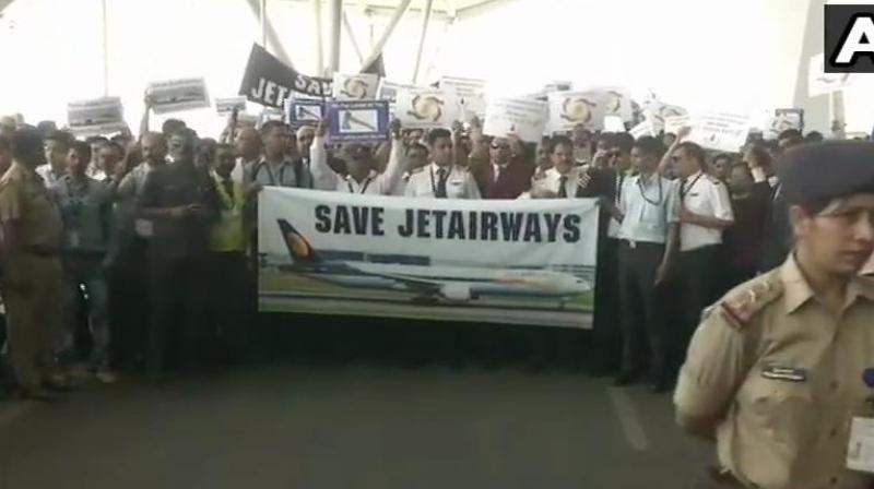 Jet Airways\ employees protest outside T3 over pay delay