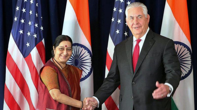 External Affairs Minister Sushma Swaraj and US Secretary of State Rex Tillerson, who met on the sidelines of UN General Assembly session, also discussed the Deferred Action for Childhood Arrivals (DACA) policy. (Photo: PTI)
