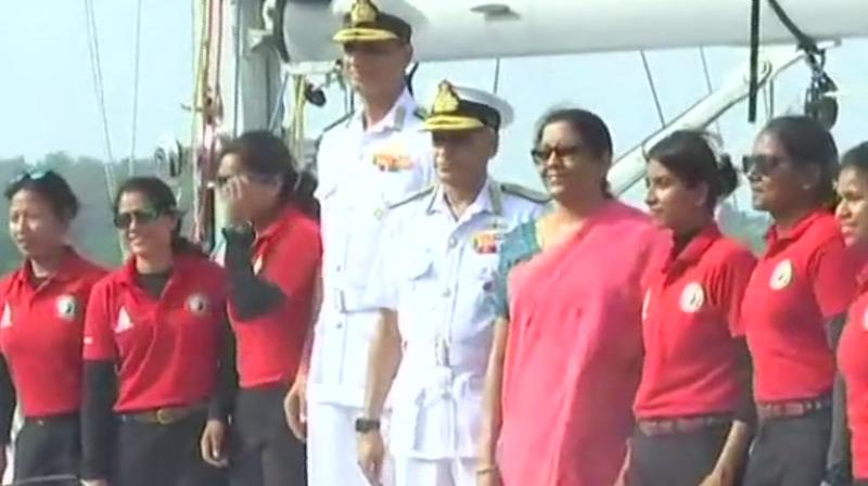 Led by Lieutenant Commander Vartika Joshi, the crew had Lt Commanders Pratibha Jamwal and Swati P, and Lieutenants Aishwarya Boddapati, S Vijaya Devi and Payal Gupta as other members.(Photo: ANI | Twitter)