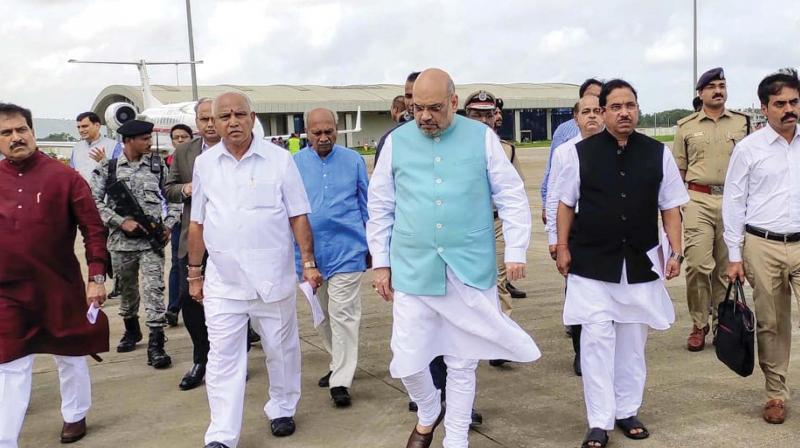 Chief Minister B.S. Yediyurappa with Union Home Minister Amit Shah who arrived in Belagavi on Sunday(Photo: KPN)