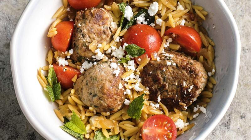 Flavourful pot of pasta and meatballs with lamb and orzo