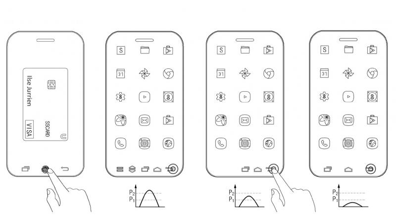The patent shows the smartphone utilising an under-the-display fingerprint sensor, which doubles up as the home button.