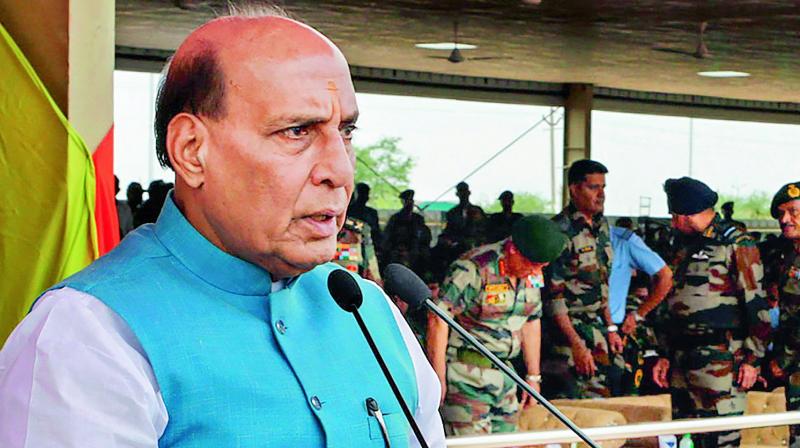 Defence Minister Rajnath Singh at the 5th Internat-ional Army Scout Masters Competition 2019 in Jaisalmer on Friday.  (PTI)
