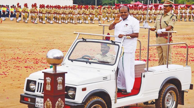 Chief Minister H.D. Kumaraswamy at the 72nd Independence Day celebrations at Manekshaw Parade Ground in Bengaluru on Wednesday (Photo: KPN)