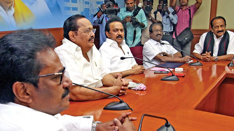 DMK working president, M.K. Stalin chairs all-party meeting to discuss the bus fare hike at Anna Arivalayam on Tuesday (Photo: DC)