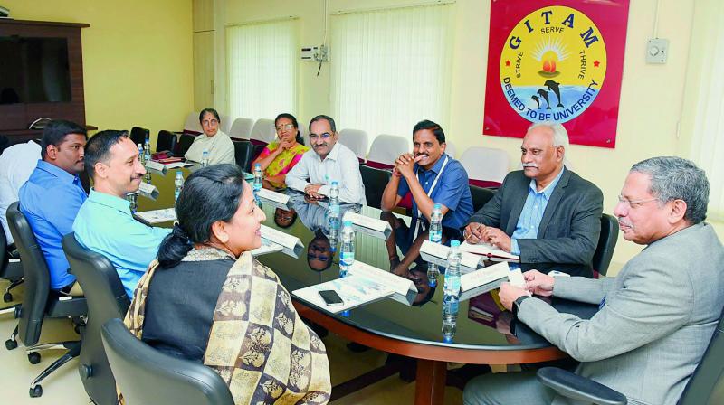 A team from HCL Technologies holds a meeting with the Gitam Vice-Chancellor Prof. M.S. Prasada Rao during their visit to the campus in Visakhapatnam on Thursday.