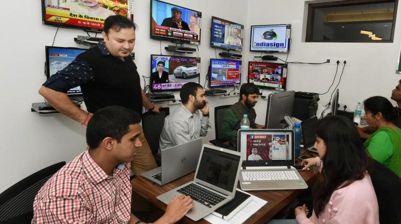 Samajwadi Party President Akhilesh Yadavs war room setup at Janeshwar Mishra Trust office to handle his election campaign for the upcoming Assembly polls, in Lucknow. (Photo: PTI)