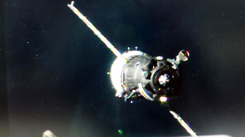 This image obtained from NASA TV shows a view from a camera on the International Space Station before the Soyuz MS-03 spacecraft docks to the Rassvet module on November 19, 2016. AFP PHOTO / NASA TV