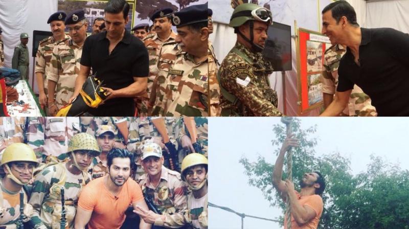 The pictures that Akshay Kumar and Varun Dhawan shared on Twitter.