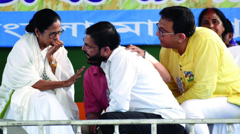 Chief minister Mamata Banerjee during an election rally with party candidate Mriganka Mahato at Kotsila in Purulia District on Wednesday.