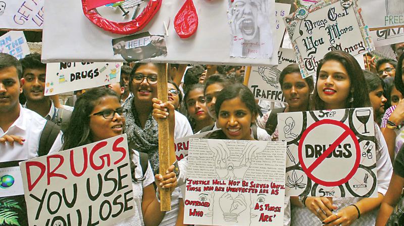 College students participating in awareness on Say No Drugs on the occasion of International Day against Drug Abuse and Illicit Trafficking, in Bangalore on Tuesday	(Image: DC)