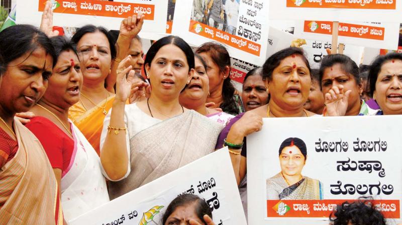 A file photo of Laxmi Hebbalkar, Congress Womens wing president, during a protest