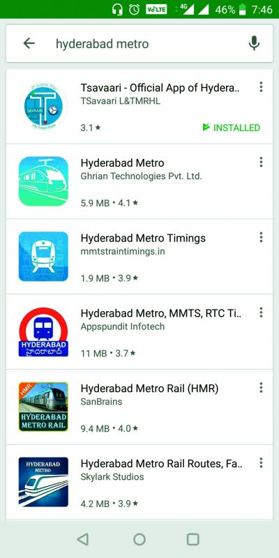 A screenshot shows some of the Metro apps available on  playstore.  T-savaari is the only authentic app provided by L&THMRL.