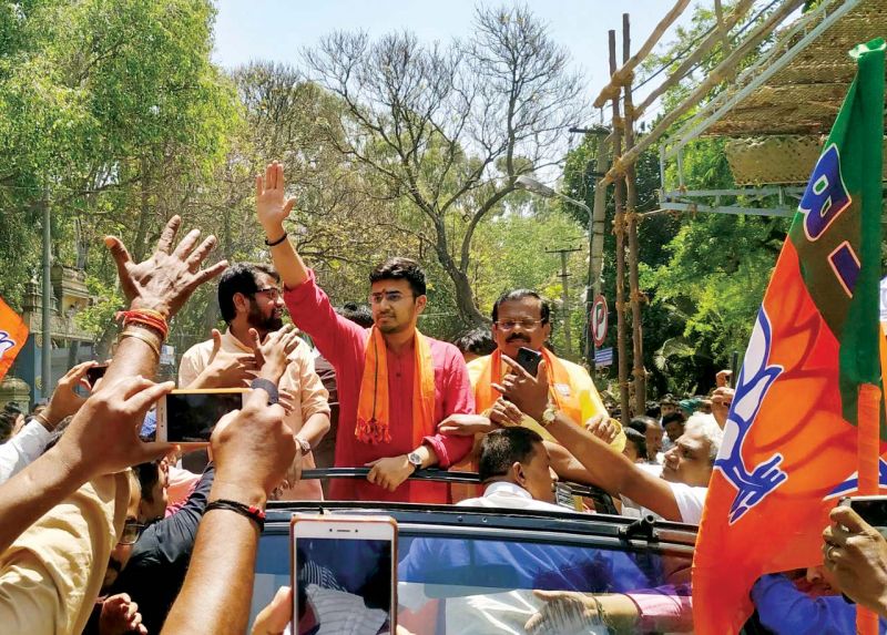 Tejaswi Surya, BJP candidate for Bengaluru South constituency, arrives to file his nomination papers.