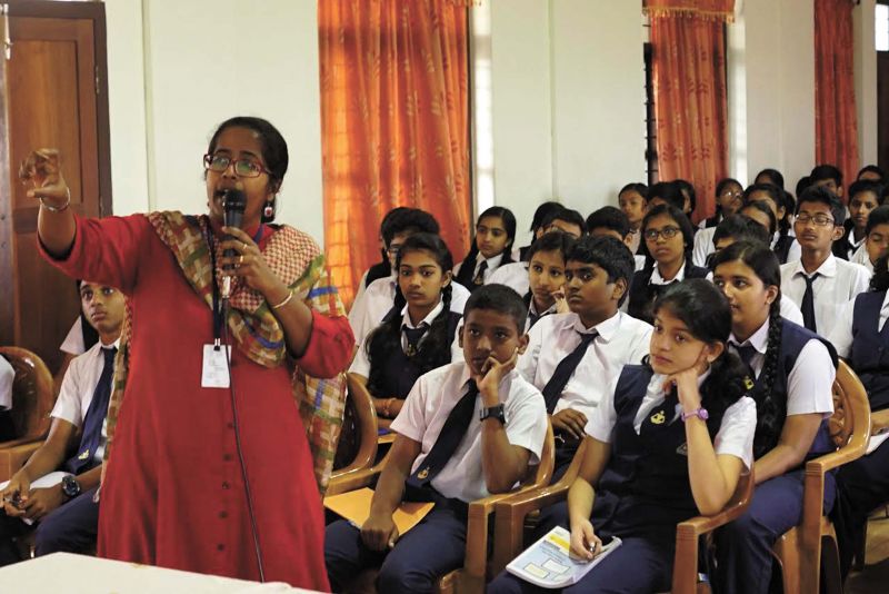 Students participate in the awareness programme Talk Period' at Devagiri CSI public school on Monday. 