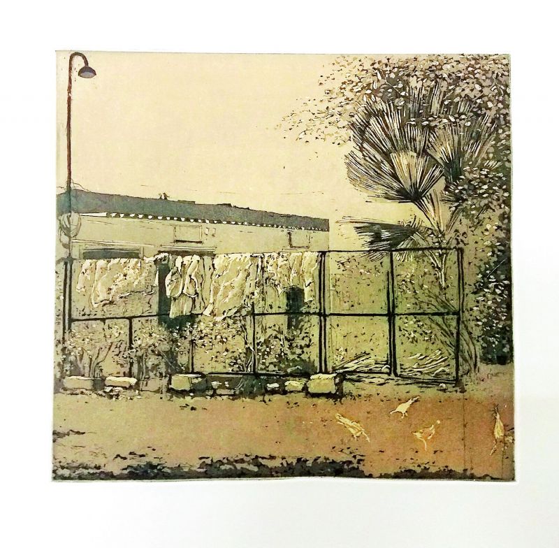 Marjan's etching print inspired by the Banyan Hearts studio.