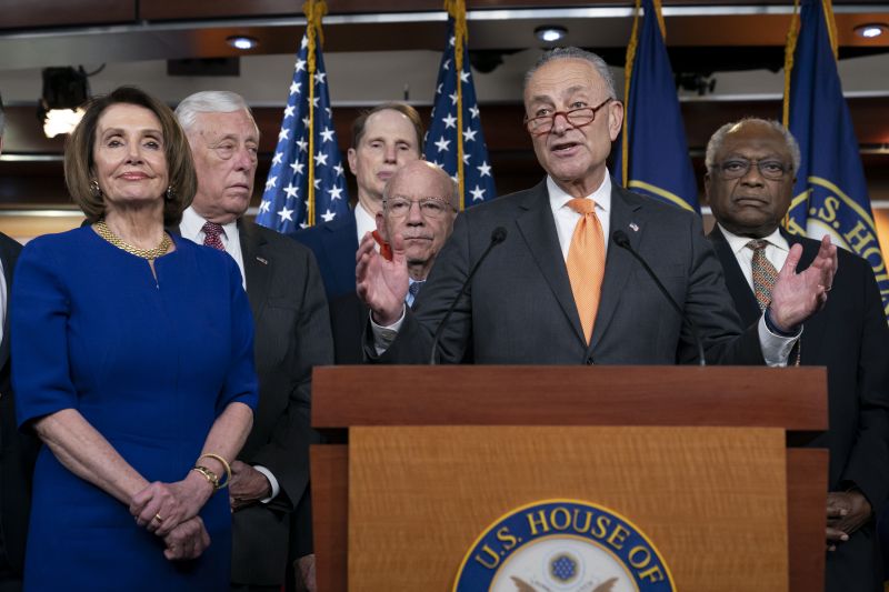 Speaker of the House Nancy Pelosi, D-Calif., left, Senate Minority Leader Chuck Schumer, D-N.Y., center, and other congressional leaders, react to a failed meeting with President Donald Trump at the White House on infrastructure, at the Capitol in Washington, Wednesday. (Photo:AP)