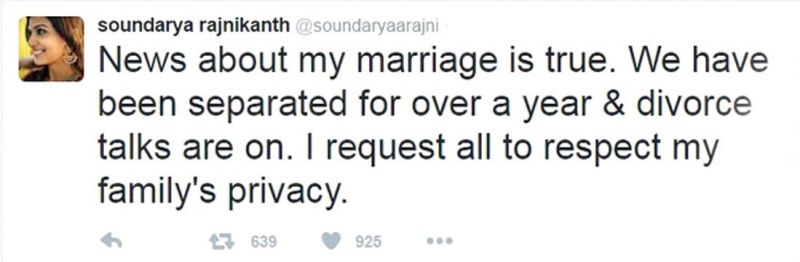 Soundarya Rajnikanth used twitter to announce her  decision to separate from her husband Ashwin Ramkumar