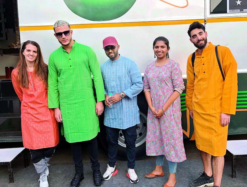 Julie (his manager), DJ Snake, Shammi (his best friend), Neerja Kona and a crew member while shooting in the city.
