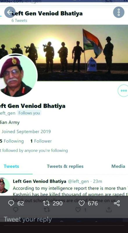 The fake twitter handle of Lt. Gen. Bhatia (former DGMO) created to spread propaganda on Kashmir.