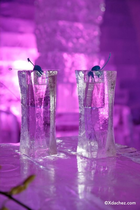 Glasses made out of ice at Hotel de Glace. Credit: Â© Xdachez.com
