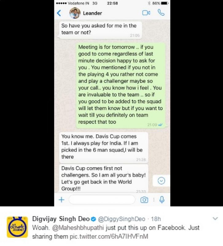 Mahesh Bhupathi, Leander Paes, leaked whatsapp message, Davis Cup