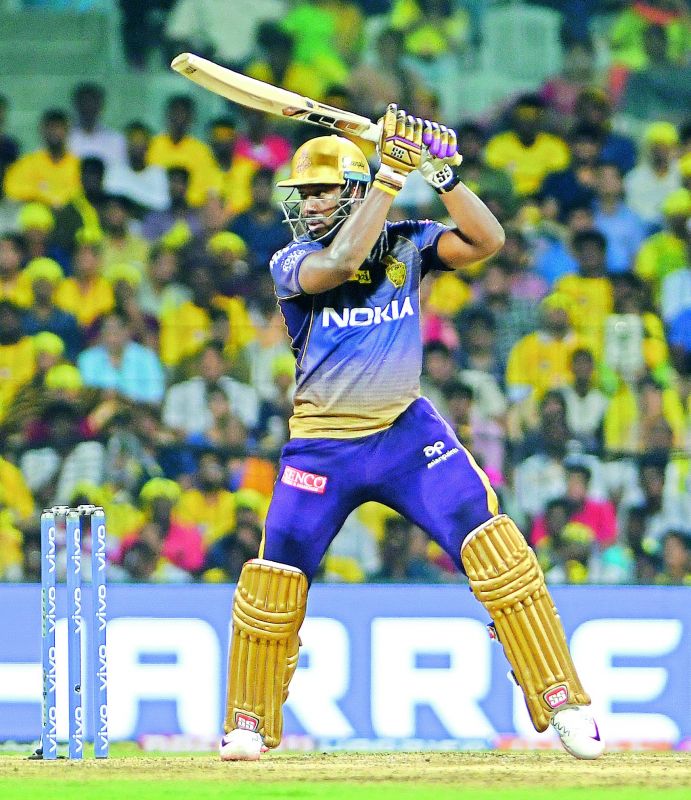Andre Russell of Kolkata Knight Riders plays a shot on way to his half-century against Chennai Super Kings in Chennai on Tuesday.