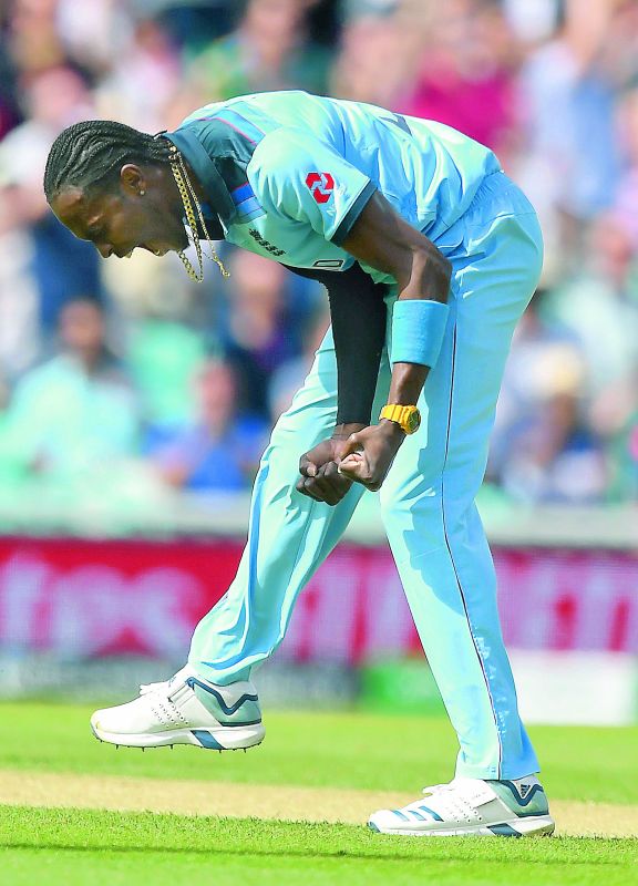 England bowler Jofra Archer celebrates after dismissing South African captain Faf du Plessis during their match at The Oval in London on Thursday. (Photo: AFP)