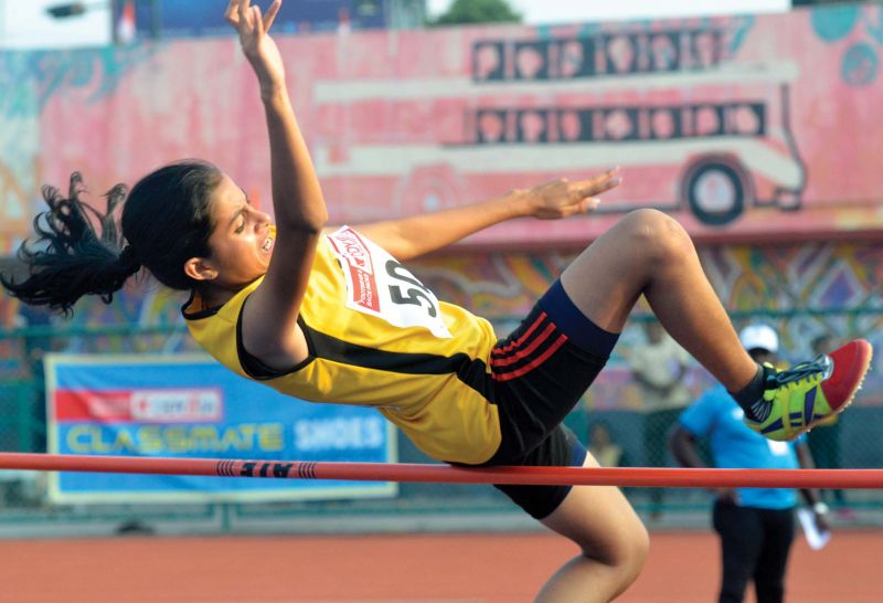 Sreya M George of Carmel School, Vazhakkulam, Ernakulam, who came first in high jump girls under 17 category