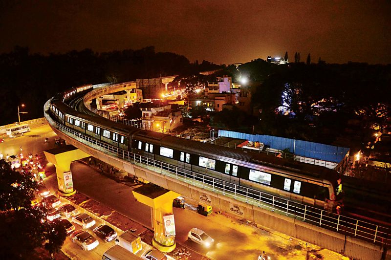  A six coach metro rail leaves the Byappanahalli station on Friday.