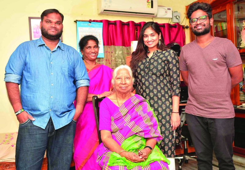 (From left) Shiny's brother Joshua, mother Jalaja, Shiny, brother Akhil; Seated: grandmother Suguna Yesupadam