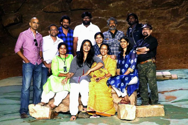 Vamsi strikes a pose with the cast and crew of the film, including S.S. Rajamouli, Prabhas and Anushka Shetty