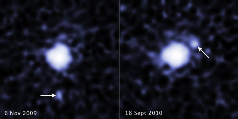 Each image, taken by the Hubble Space Telescope's Wide Field Camera 3, shows the companion in a different orbital position around its parent body. 2007 OR10 is the third-largest known dwarf planet, behind Pluto and Eris, and the largest unnamed world in the solar system. The pair is located in the Kuiper Belt, a realm of icy debris left over from the solar system's formation.