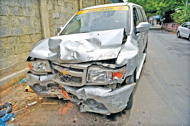 The mangled remains of the cab involved in the accident on DGS Dinakaran Salai. (Photo: DC)