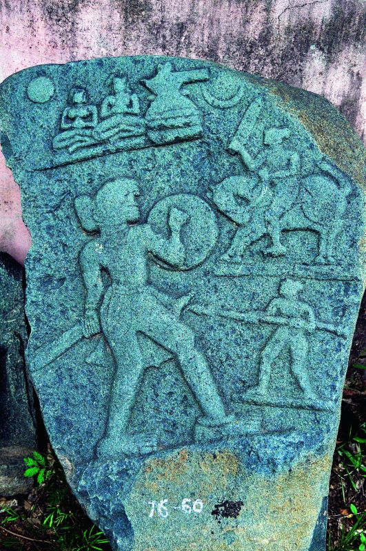 A carving on a stone near the temple representing Shiva of Srisailam jungle and women armoured.