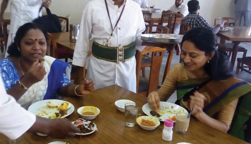 MLAs C.K. Asha and Prathibha Hari eat beef at Assembly canteen in Thiruvananthapuram on Thursday. 