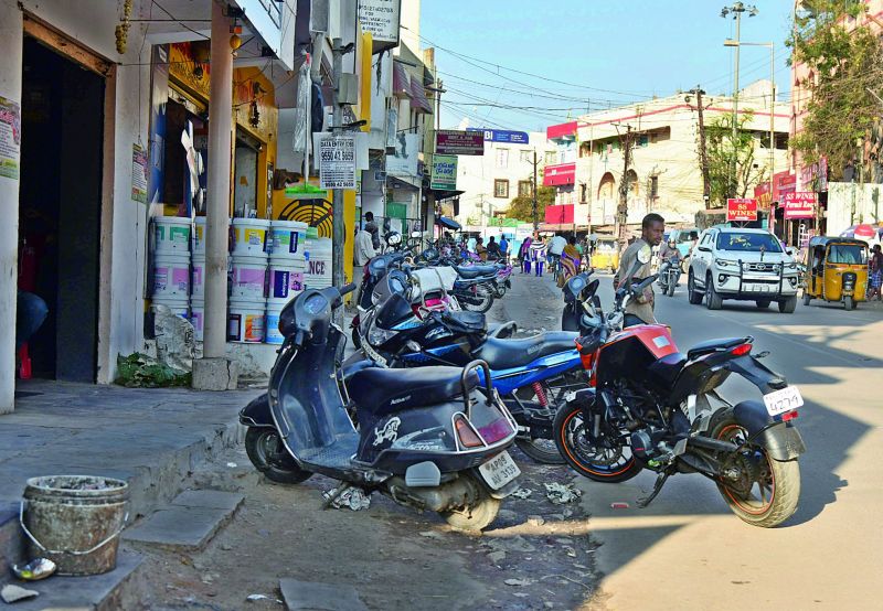 Bikes parked on the footpath in Maredpally. 