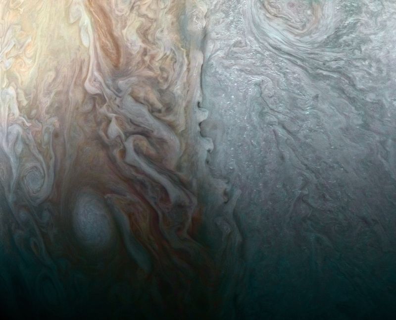 This image, taken by the JunoCam imager on NASA's Juno spacecraft, highlights a feature on Jupiter where multiple atmospheric conditions appear to collide. (Photo:NASA)