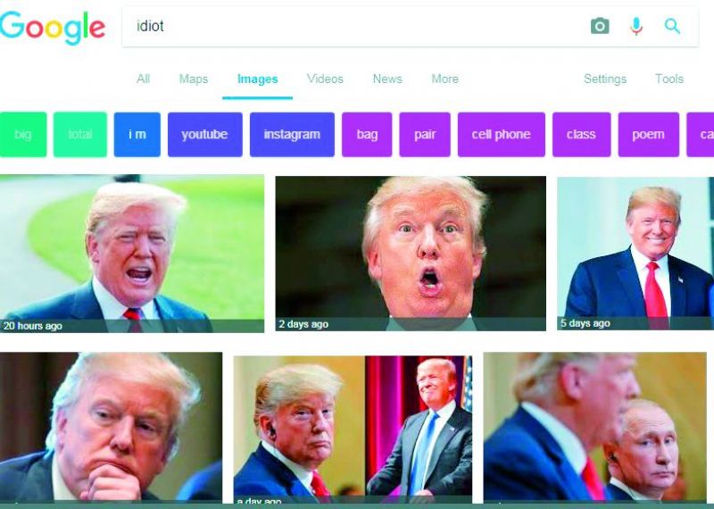 A screengrab of Google search where it shows  images of Donald Trump when searched for idiot'.