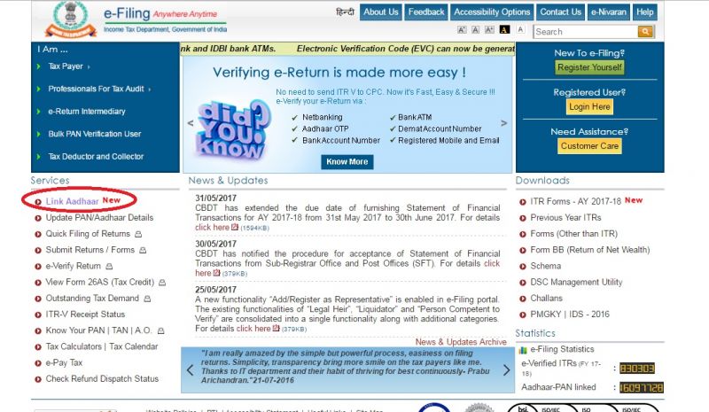 'Link Addhaar' option on the I-T department e-filing website.