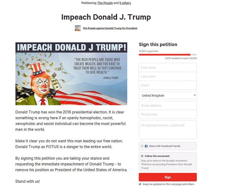 A screenshot of the petition started to impeach President-elect Donald Trump. (Photo: YouTube Screengrab)