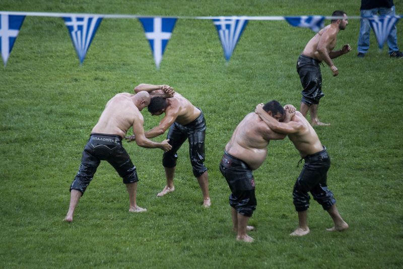 Ancient oil wrestling competition takes place in Greek village of Sochos