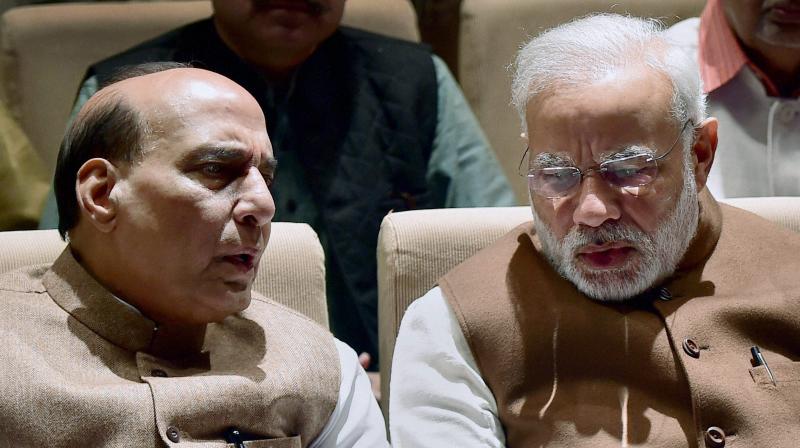Prime Minister Narendra Modi and Home Minister Rajnath Singh during BJP parliamentary party meeting in New Delhi (Photo: PTI)
