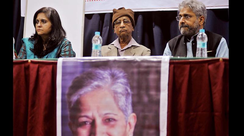 Journalist and activist Teesta Setalvad, editor of an online news website Siddharth Vardarajan and others at the launch of Gauri Memorial trust at Central College in Bengaluru on Monday DC