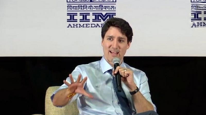 Canadian Prime Minister Justin Trudeau was part of a discussion on Education and Investment Opportunities with students of IIM-Ahmedabad. (Photo: Twitter | ANI)