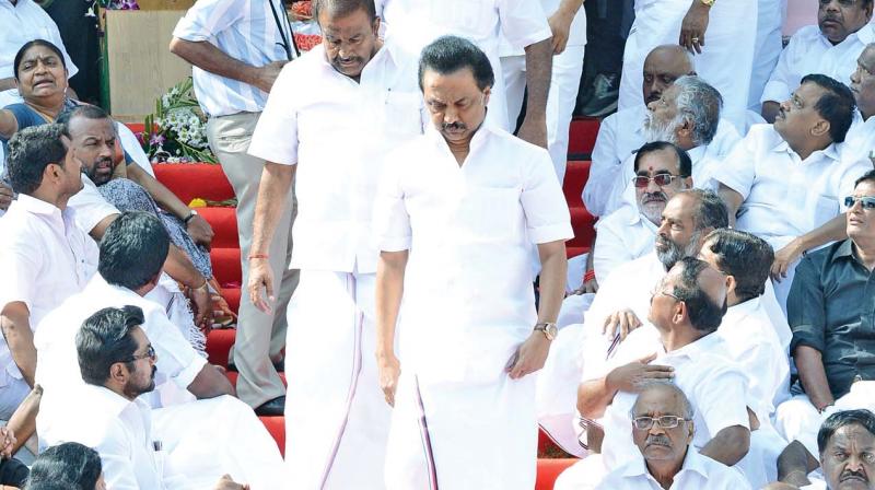 Opposition leader M.K. Stalin returns after paying tribute to J. Jayalalithaa. (Photo: DC)
