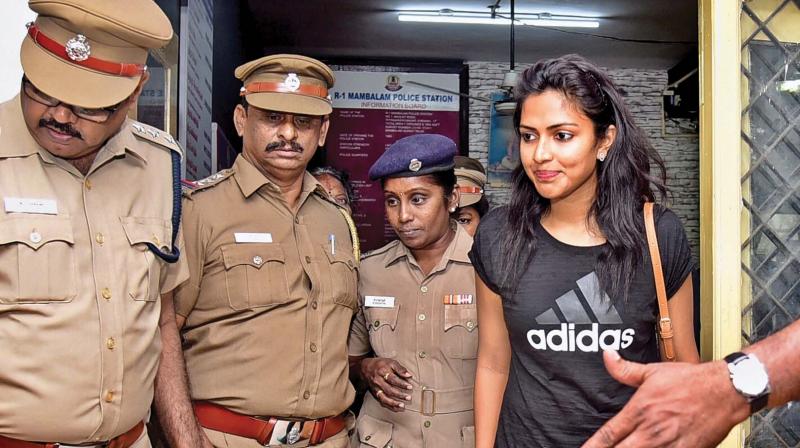 Actress Amalapaul at the Mambalam police  station after lodging a complaint against a  businessman, on Wednesday.  	DC