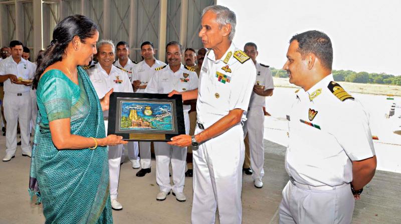 Defence Minister Nirmala Sitharaman visited the Naval units INS Parundu and INS Kattabomman near Uchipuli in Ramanathapuram district on Wednesday. (Photo: DC)