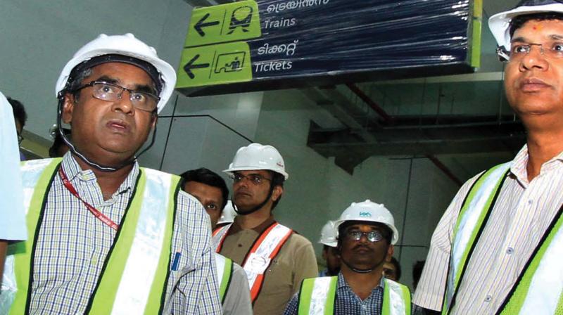 Commissioner of Metro Railway Safety K.A Manoharan (L) inspects Aluva Metro station on Wednesday. The three-day final inspection is crucial for commencement of Metro train services. (Photo: DC)