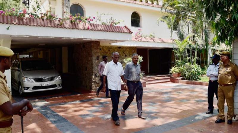 CBI officers after conducting a raid at Karti P Chidambarams Nungambakkam bungalow in Chennai. (Photo: PTI)